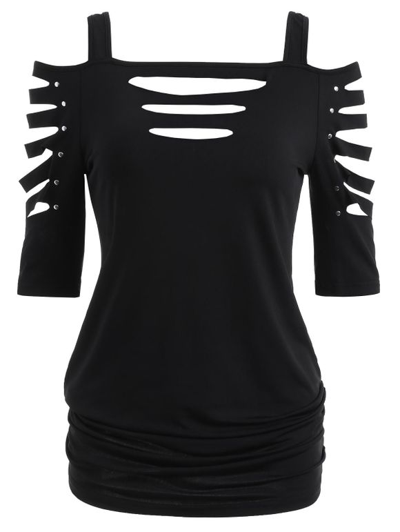 Shoulder Cut Lacerated Sleeve T-shirt - BLACK M