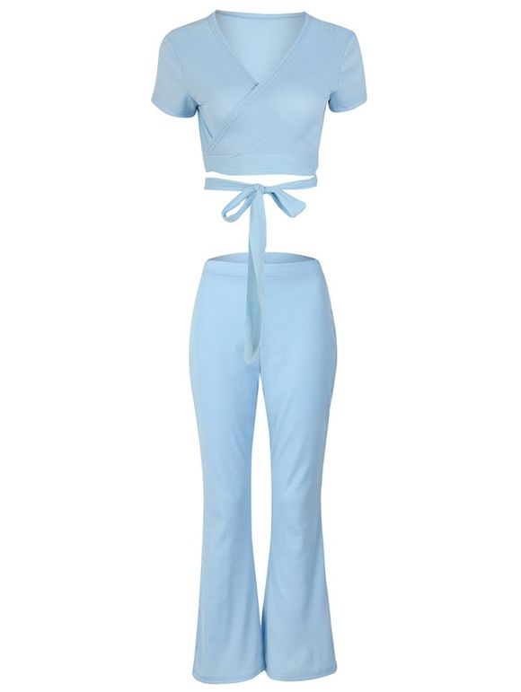 Haut Croisé Enveloppé avec Pantalon à Taille Haute Deux Pièces - Bleu Ciel Léger M