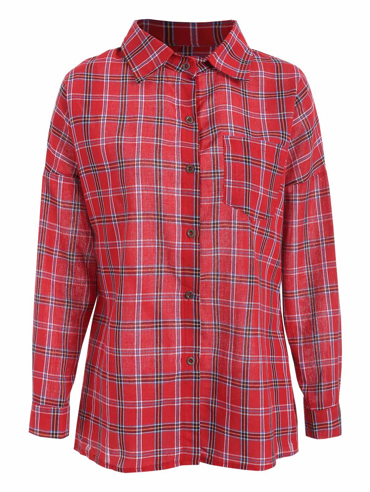 

Drop Shoulder Plaid Chest Pocket Shirt, Red