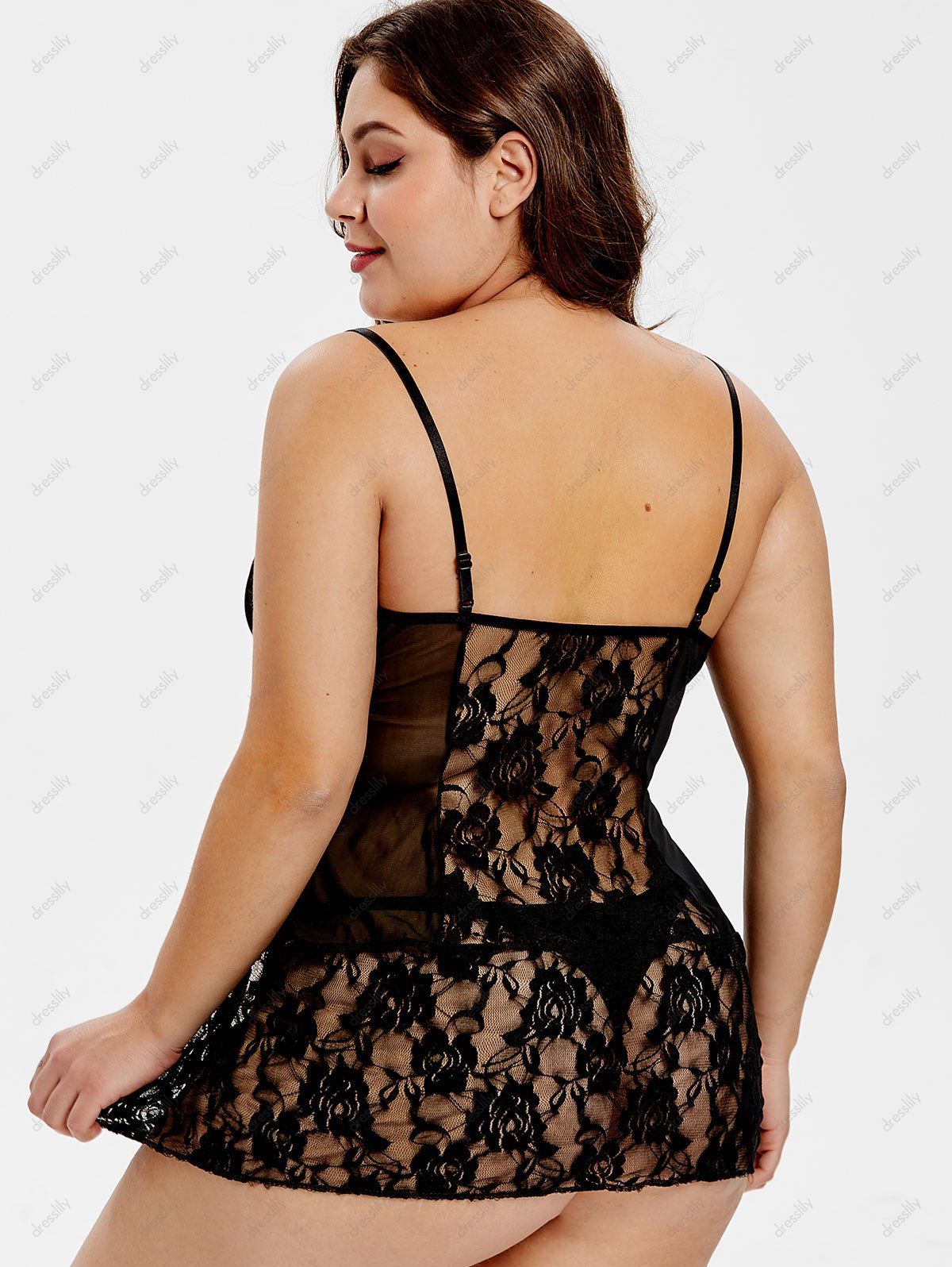 Plus Size Halter Neck Lace Babydoll - BLACK L