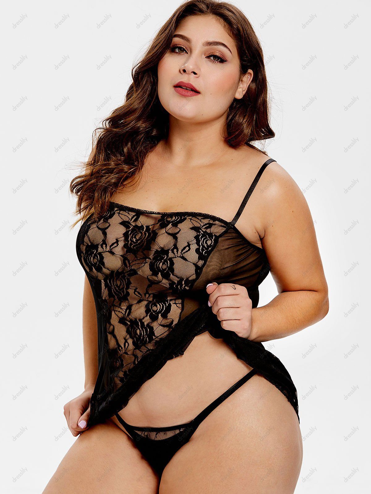 Plus Size Halter Neck Lace Babydoll - BLACK L