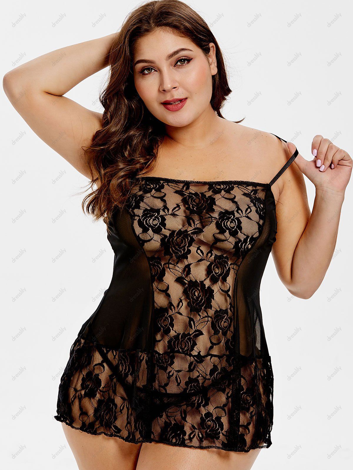 Plus Size Halter Neck Lace Babydoll - BLACK L