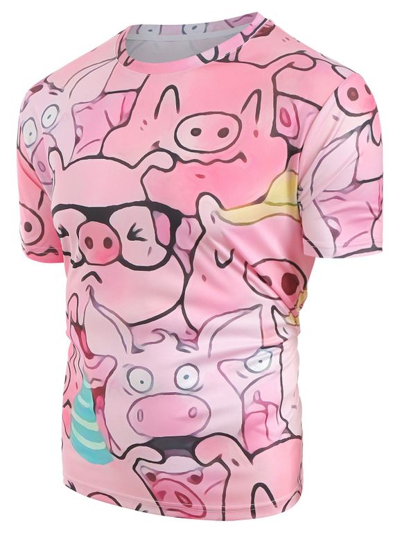 T-shirt Motif de Cochon Dessin Animé à Manches Courtes - Rose 2XL
