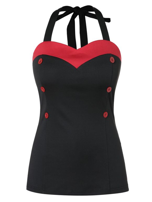Plus Size Halter Bouton de contraste Débardeur - Noir 2X