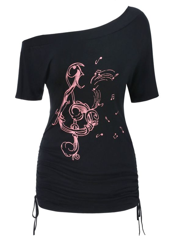 T-shirt Graphique Sanglé à Une Epaule - Noir 2XL