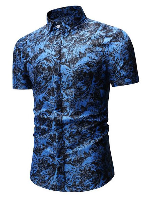 Chemise Boutonnée Feuille de Palmier Imprimée - Bleu XL