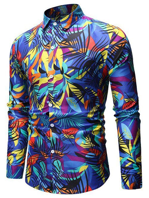 Chemise à manches longues à imprimé tropical - Bleu 3XL