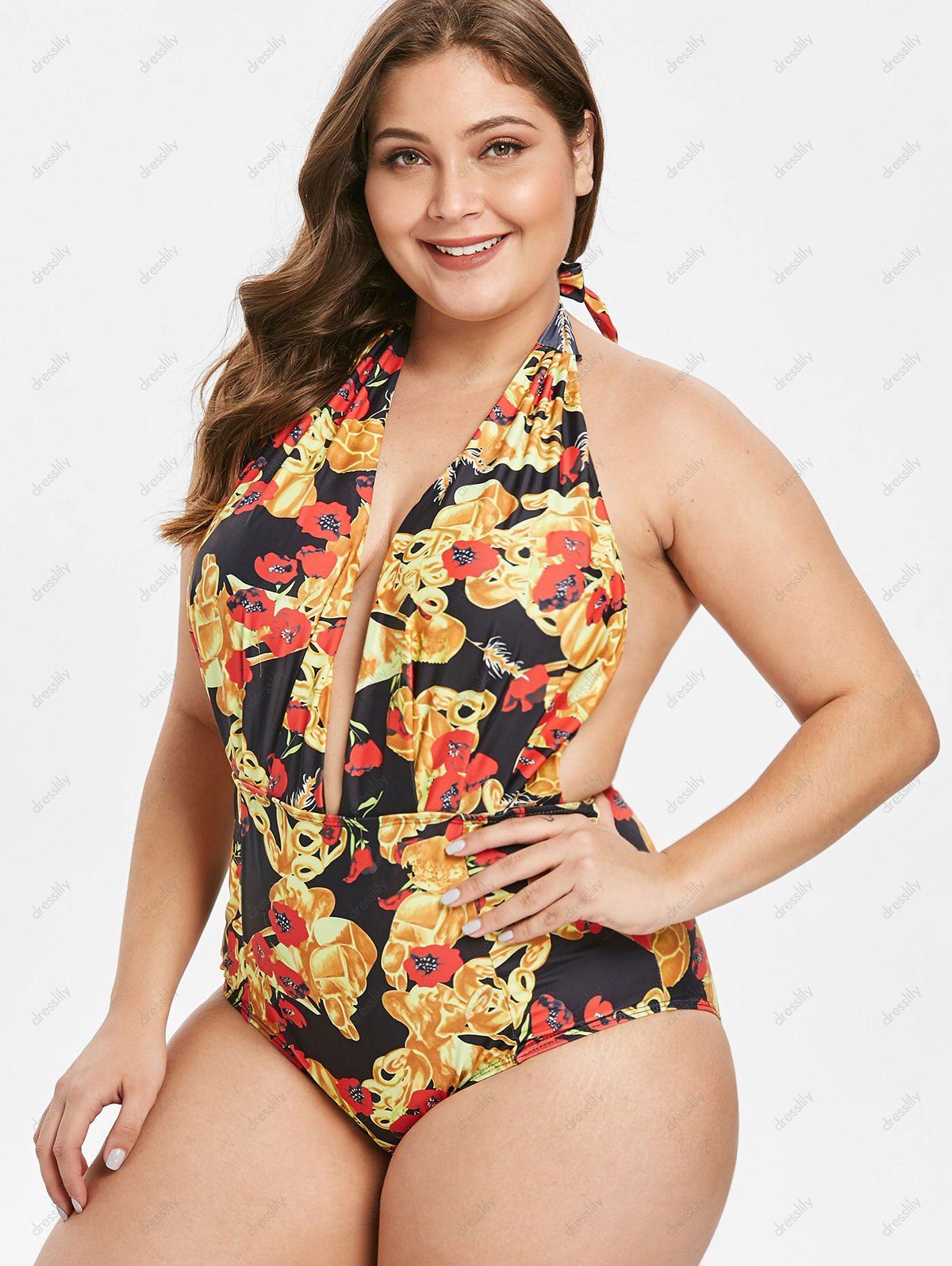 [12 Off] 2021 Plus Size Printed Halter Backless One Piece Swimsuit In