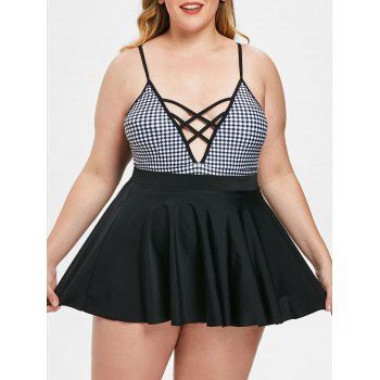 

Plus Size Strappy Front Plaid Swimwear, Black