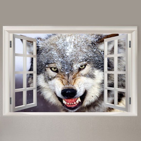 Autocollant Mural à Imprimé Loup Féroce à Travers la Fenêtre - Gris W20 INCH * L27.5 INCH
