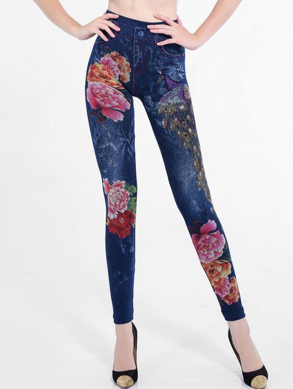 Pantalon skinny en faux-jean à motif floral de paon - multicolor M