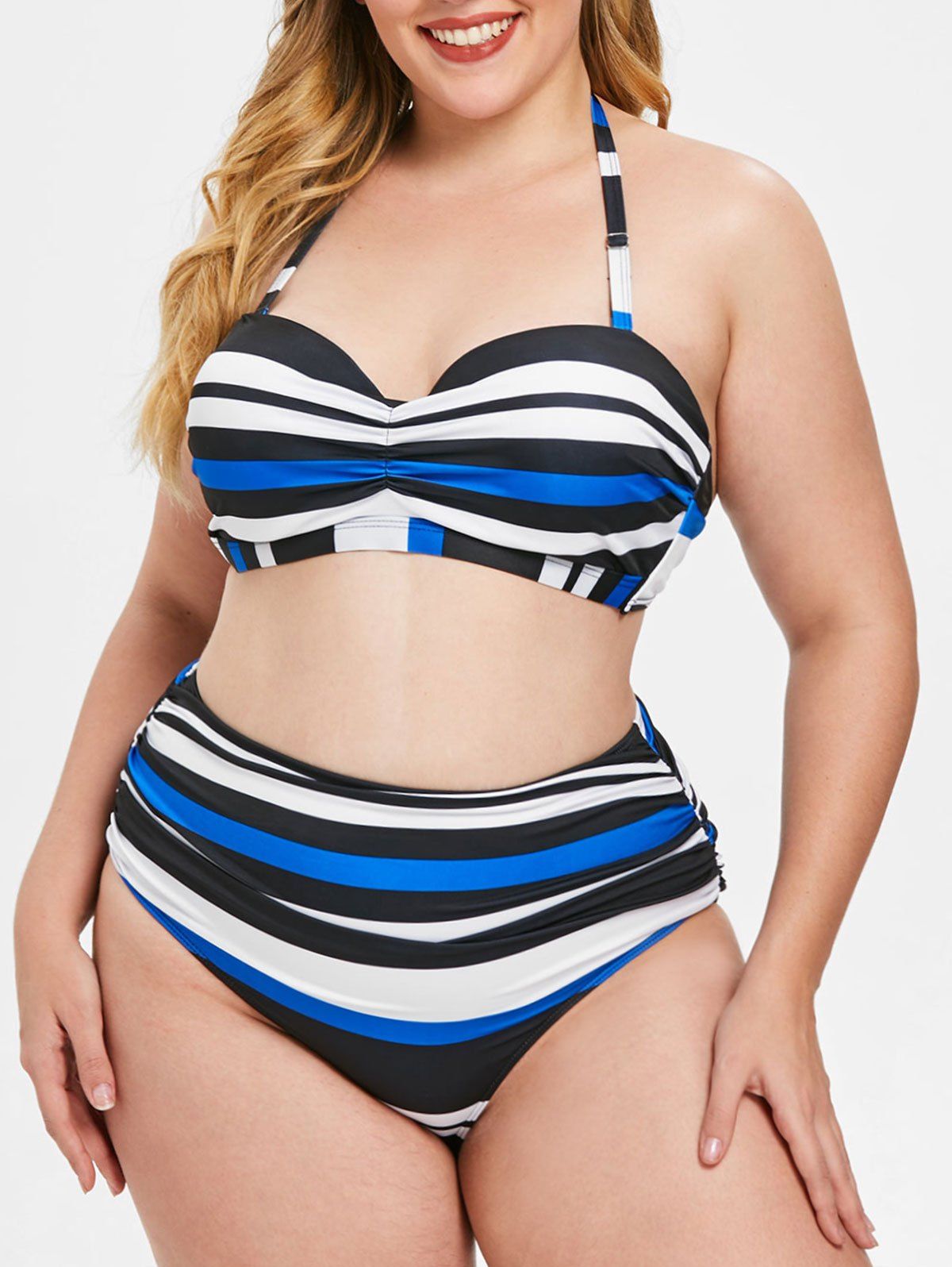 Plus Size Striped Panel Underwire Bikini Set - multicolor 1X