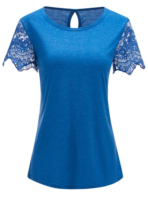 T-shirt en Maille Insérée à Manches Courtes - Bleu de Soie 2XL