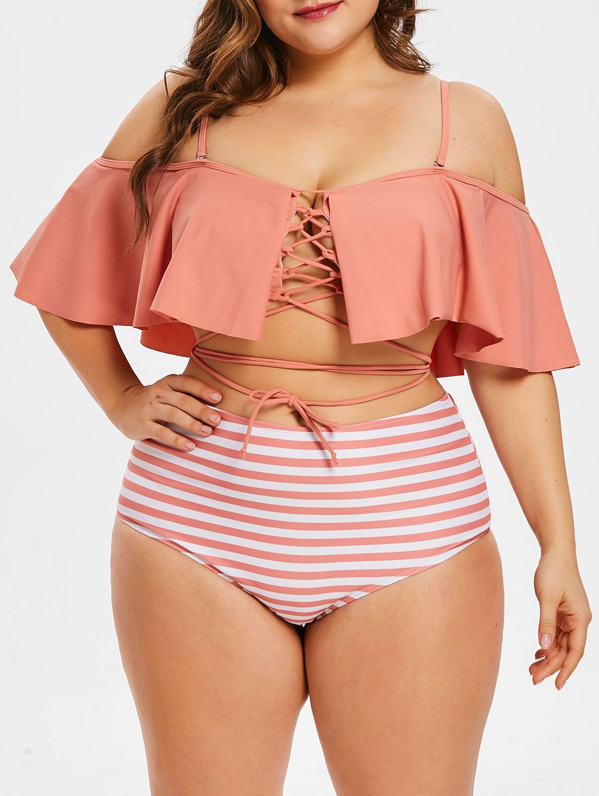 Plus Size Lace Up Striped Panel Bikini Set - ROSE 2X