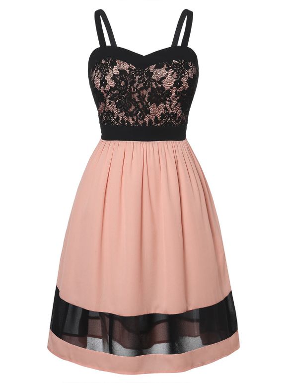 Robe Ligne A en Dentelle Insérée en Blocs de Couleurs de Grande Taille - Orange Rose L