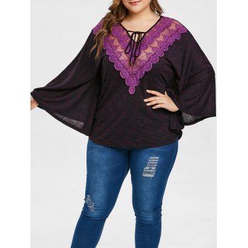 

Plus Size Lace Insert Lace Up Blouse, Multicolor