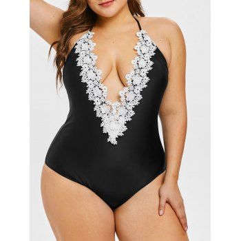 

Plus Size Halter Neck Applique Swimwear, Black