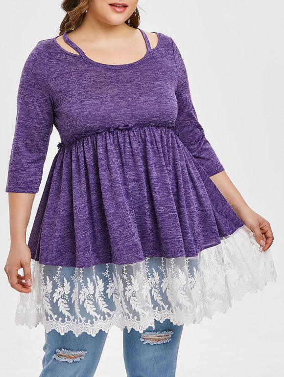 T-shirt Découpée à Ourlet en Dentelle Grande Taille - Iris Pourpre 1X