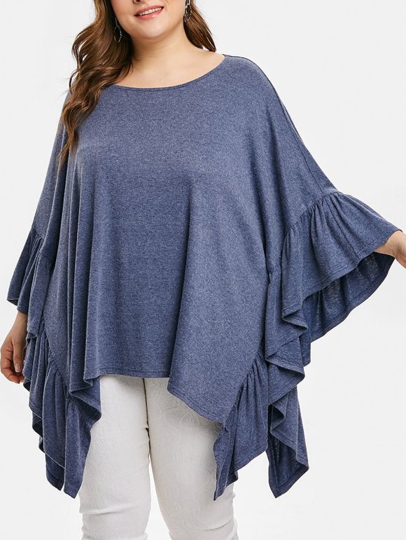 T-shirt Asymétrique de Grande Taille Ourlet à Volants - Bleu profond 2X