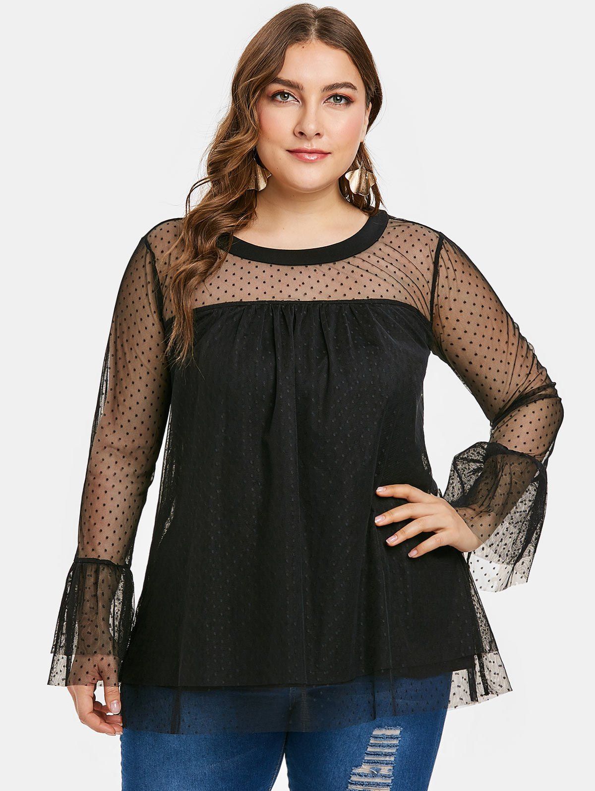 [34% OFF] 2021 Plus Size See Through Polka Dot Pattern Flare Sleeve ...
