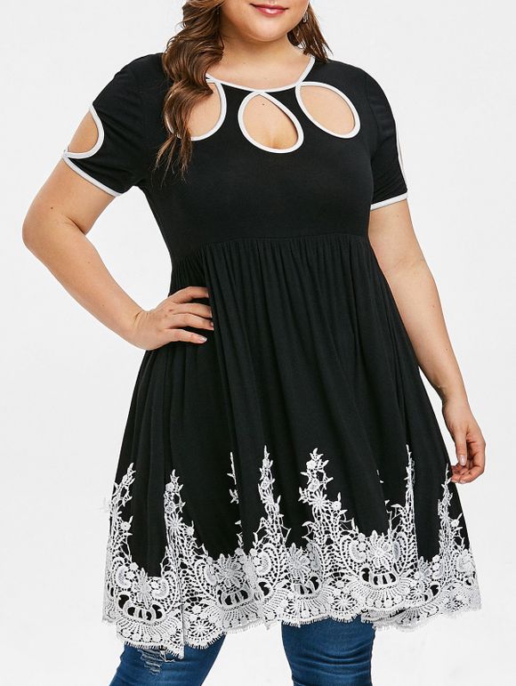 T-shirt Applique Découpé en Dentelle de Grande Taille - Noir L