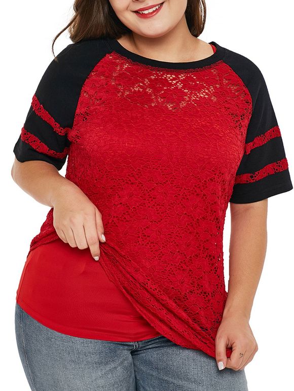 T-shirt Panneau en Dentelle de Grande Taille à Manches Raglan Deux Pièces - Rouge 2X