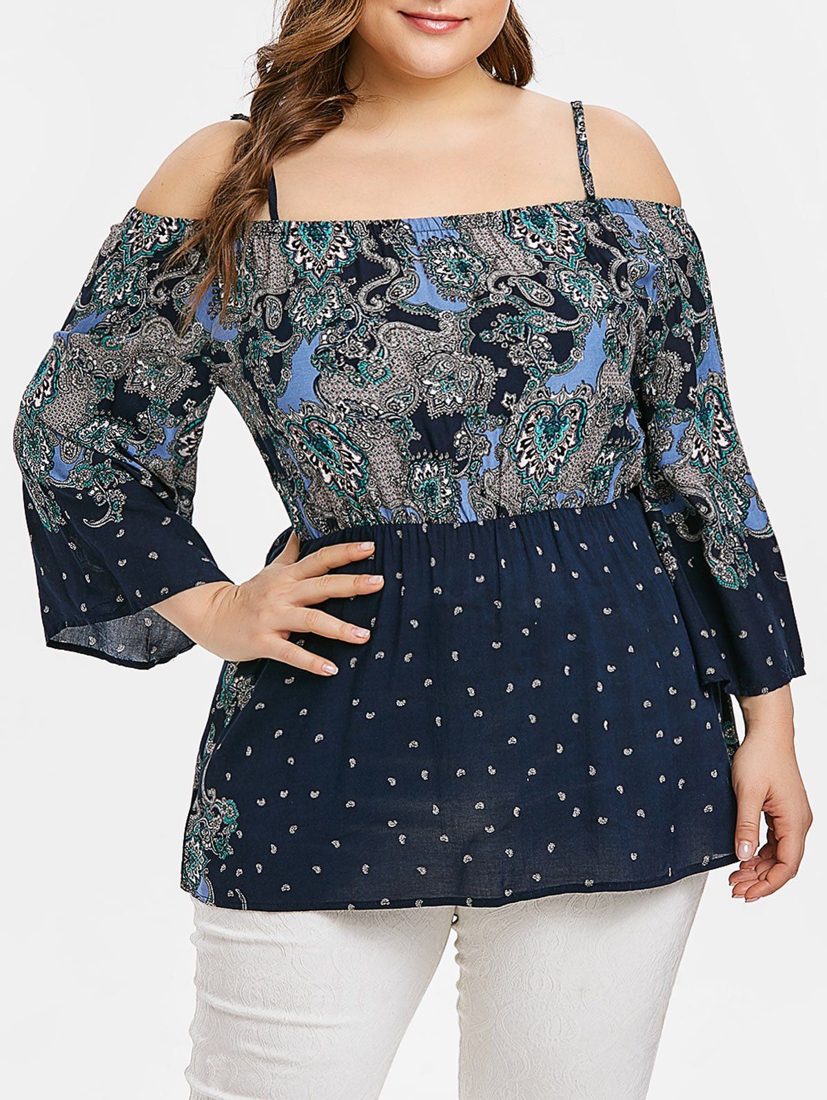 

Plus Size Tribal Print Cold Shoulder Blouse, Cadetblue