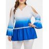 T-shirt Ombré Applique à Epaule Dénudée Manches de Cloche Grande Taille - Bleu Océan 1X