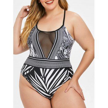 

Plus Size Back Cut Out Printed Swimwear, Black