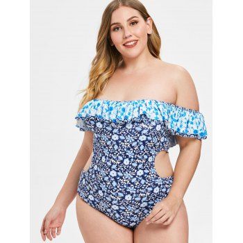 

Side Cut Out Plus Size Floral Print Swimwear, Deep blue