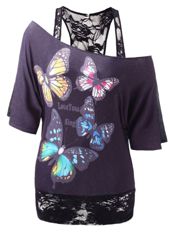 T-shirt Papillon Imprimé de Grande Taille à Ourlet en Dentelle - Noir L