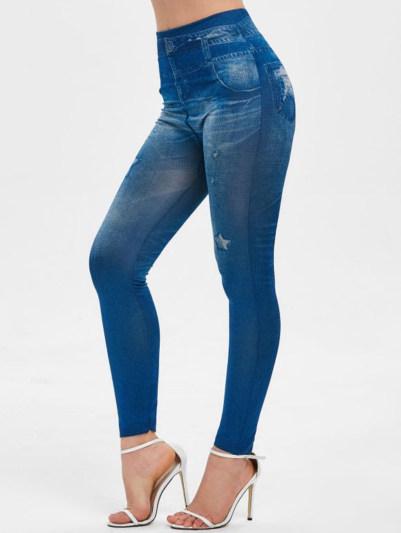 Pantalon Etoile Imprimée à Taille Haute - Bleu de Soie XL