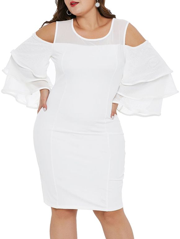 Robe Moulante à Épaules Dénudées avec Empiècements en Maille Grande-Taille - Blanc 5X