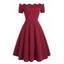 Short Sleeve Scalloped Rockabilly Style A Line Dress - RED WINE M