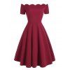 Short Sleeve Scalloped Rockabilly Style A Line Dress - RED WINE XL