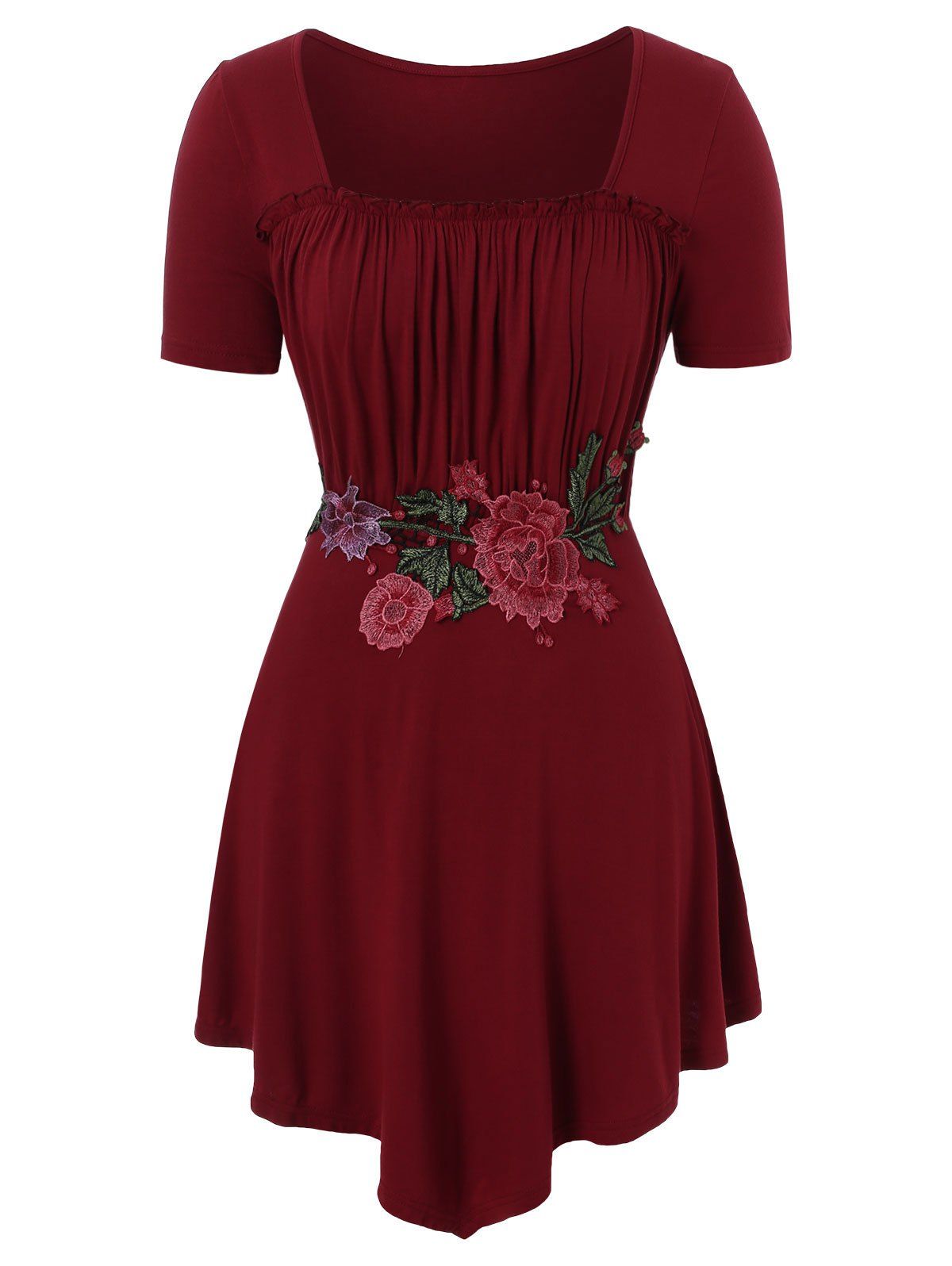 

Plus Size Floral Embroidery Square Neck T-shirt, Red wine