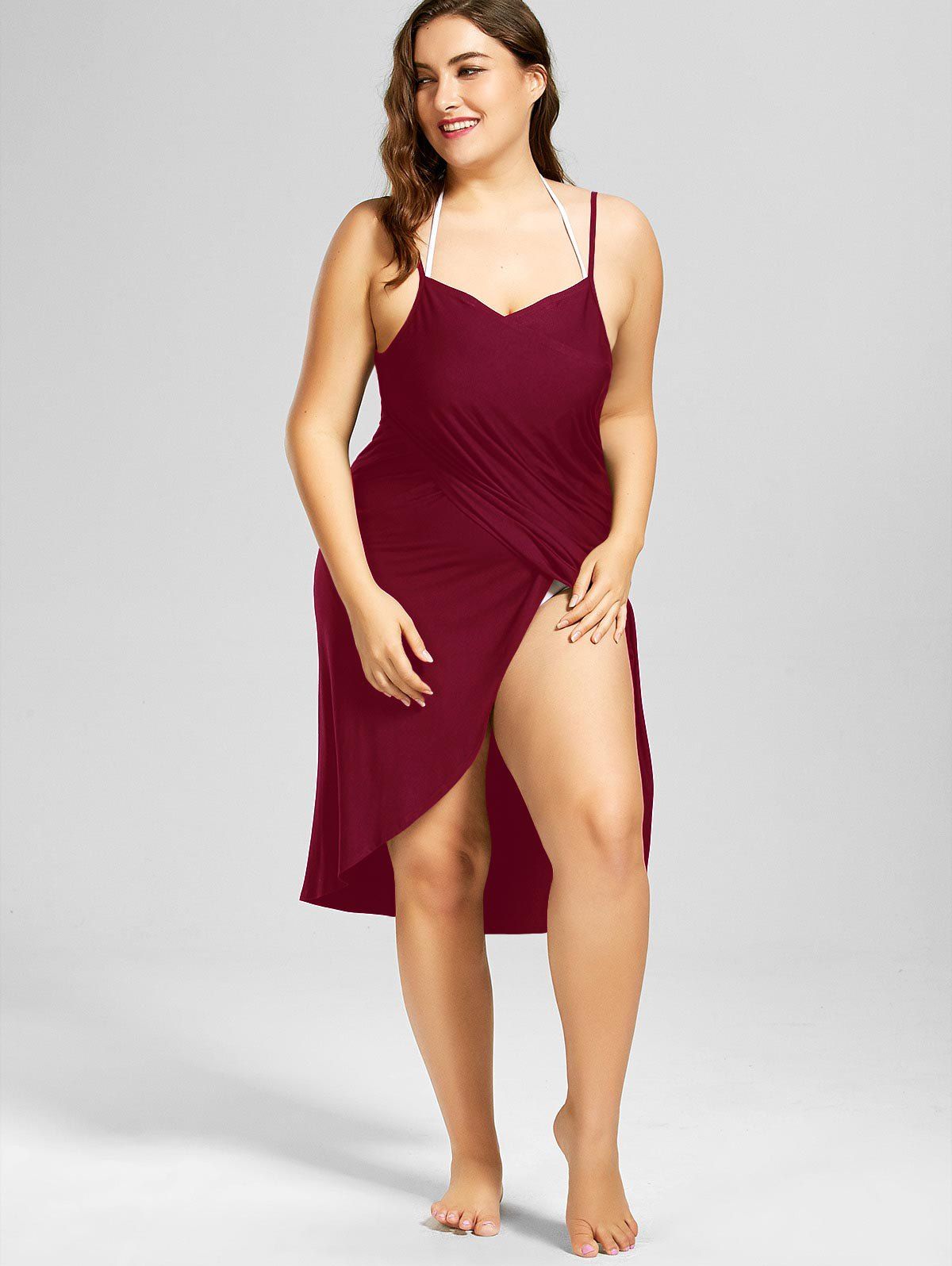 [24% OFF] 2021 Plus Size Beach Cover-up Wrap Dress In WINE RED | DressLily