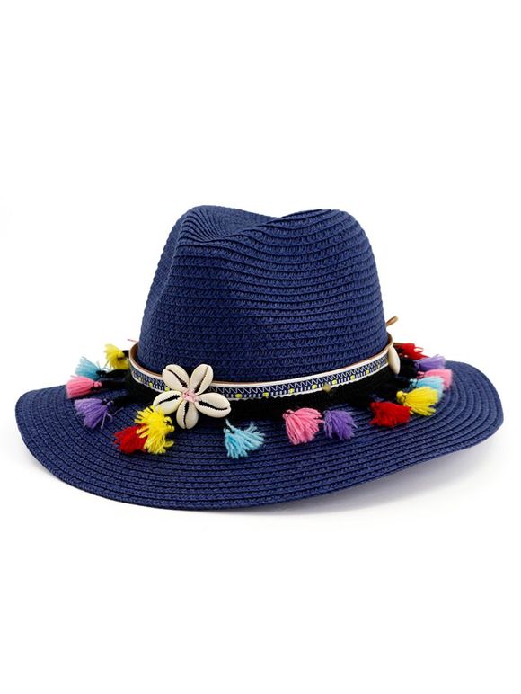 Chapeau de Soleil de Plage Fleur en Paille à Frange - Bleu 
