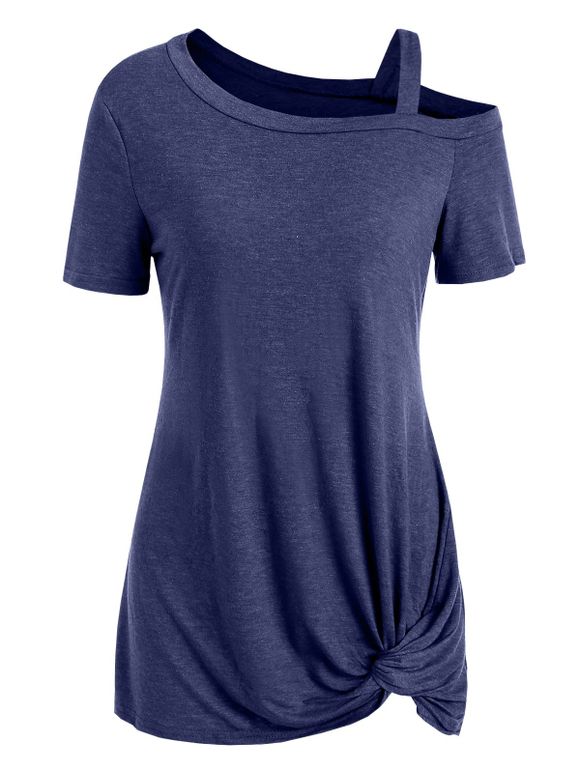 T-shirt Noué Manches Courtes à Col Oblique - Bleu L