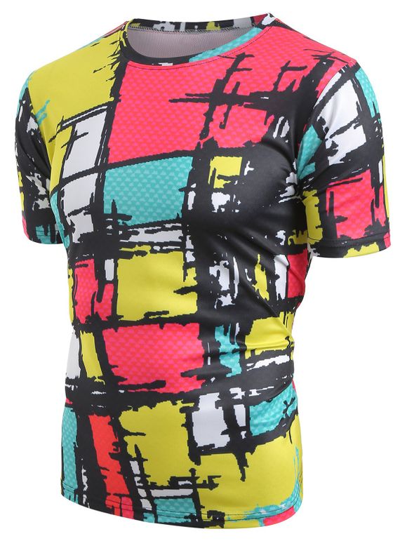 T-shirt Décontracté Coloré à Carreaux Imprimé à Col Rond - multicolor XL