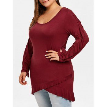 

Plus Size Solid Color Irregular Flounce T-shirt, Red wine