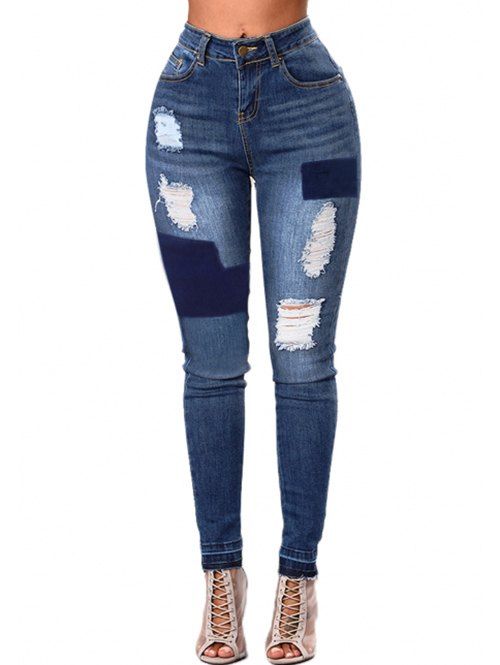 High Waist Contrast Ripped Jeans - BLUE M