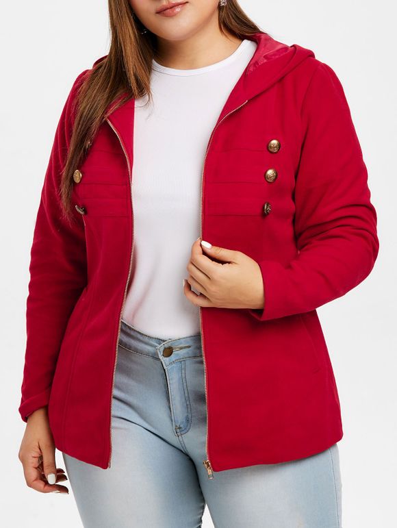 Manteau à Capuche Zippé avec Boutons Grande Taille - Rouge L