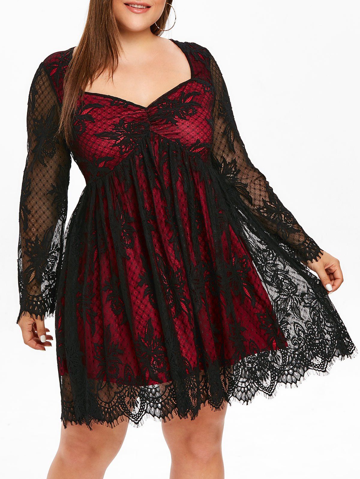 

Plus Size Sweetheart Neck Double Layer Lace Dress, Multi