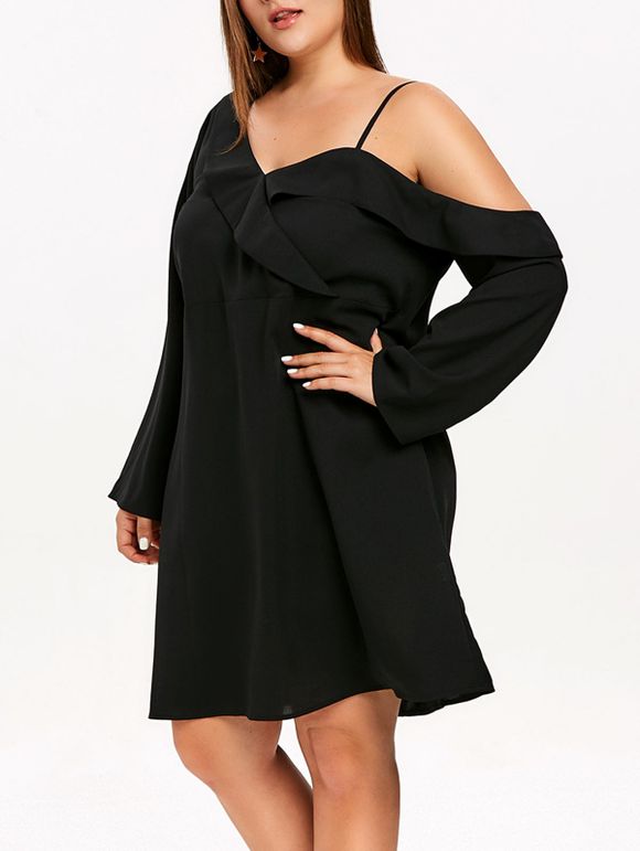 Mini-Robe Ceinturée Ourlet à Volants Grande Taille - Noir 4X
