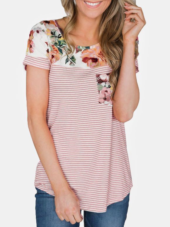 T-shirt Rayé Fleuri Imprimé avec Poche en Avant - Rose Rosé 2XL