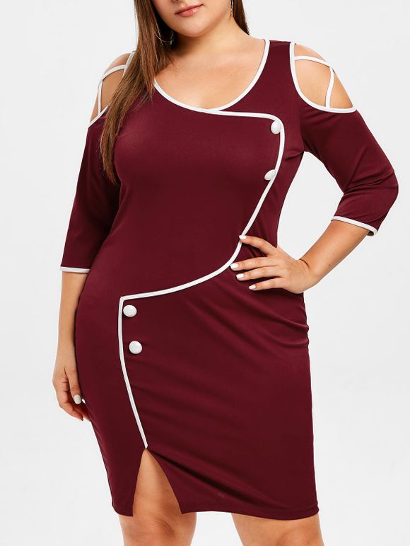 Robe Moulante Fendue à Ourlet Contrasté à Epaulde Dénudée de Grande Taille - Rouge Vineux L