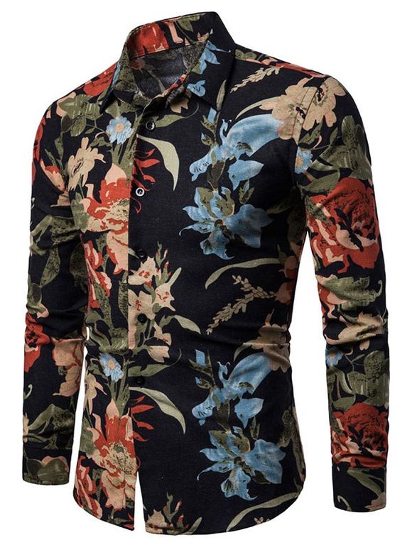 Chemise à manches longues décontractée à motif floral - Noir 2XL