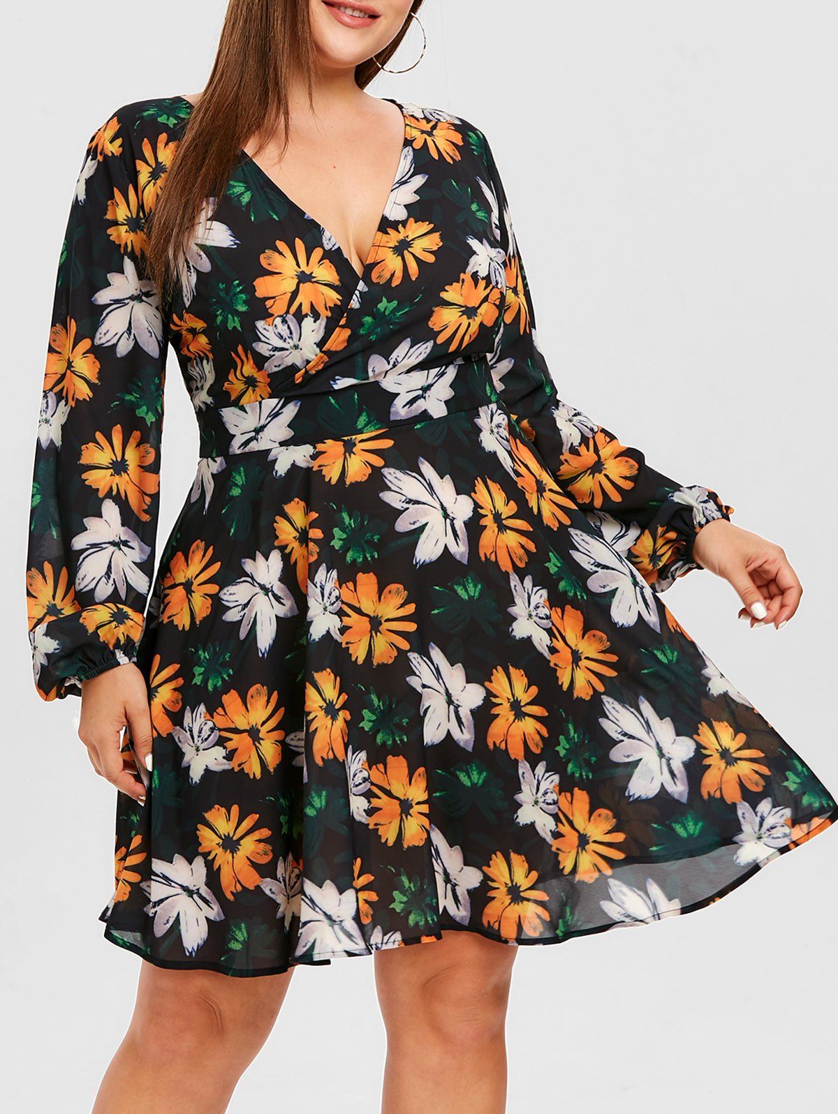 

Plus Size Empire Waist Floral Print Fit and Flare Dress, Black