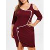 Robe Moulante Fendue à Ourlet Contrasté à Epaulde Dénudée de Grande Taille - Rouge Vineux L
